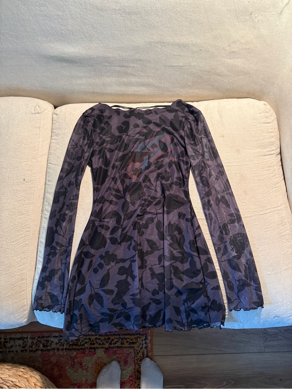 Women's Long Sleeve Floral Sheer A-Line Dress - Purple